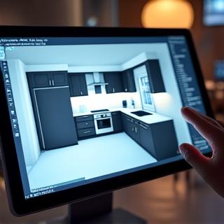 एक कंप्यूटर स्क्रीन पर एक रसोई का 3D रेंडर।